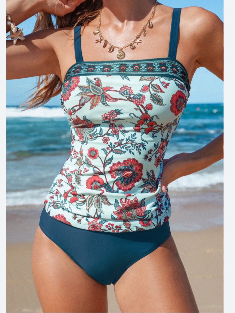 Cupshe Teal Floral Square Neck Tankini Top and bottom with Red Accents